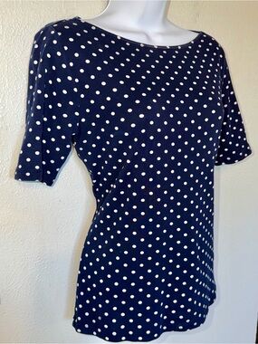 Ralph Lauren Navy Polka Dot 100% Cotton Knit Boatneck Short Sleeve Top Sz Small